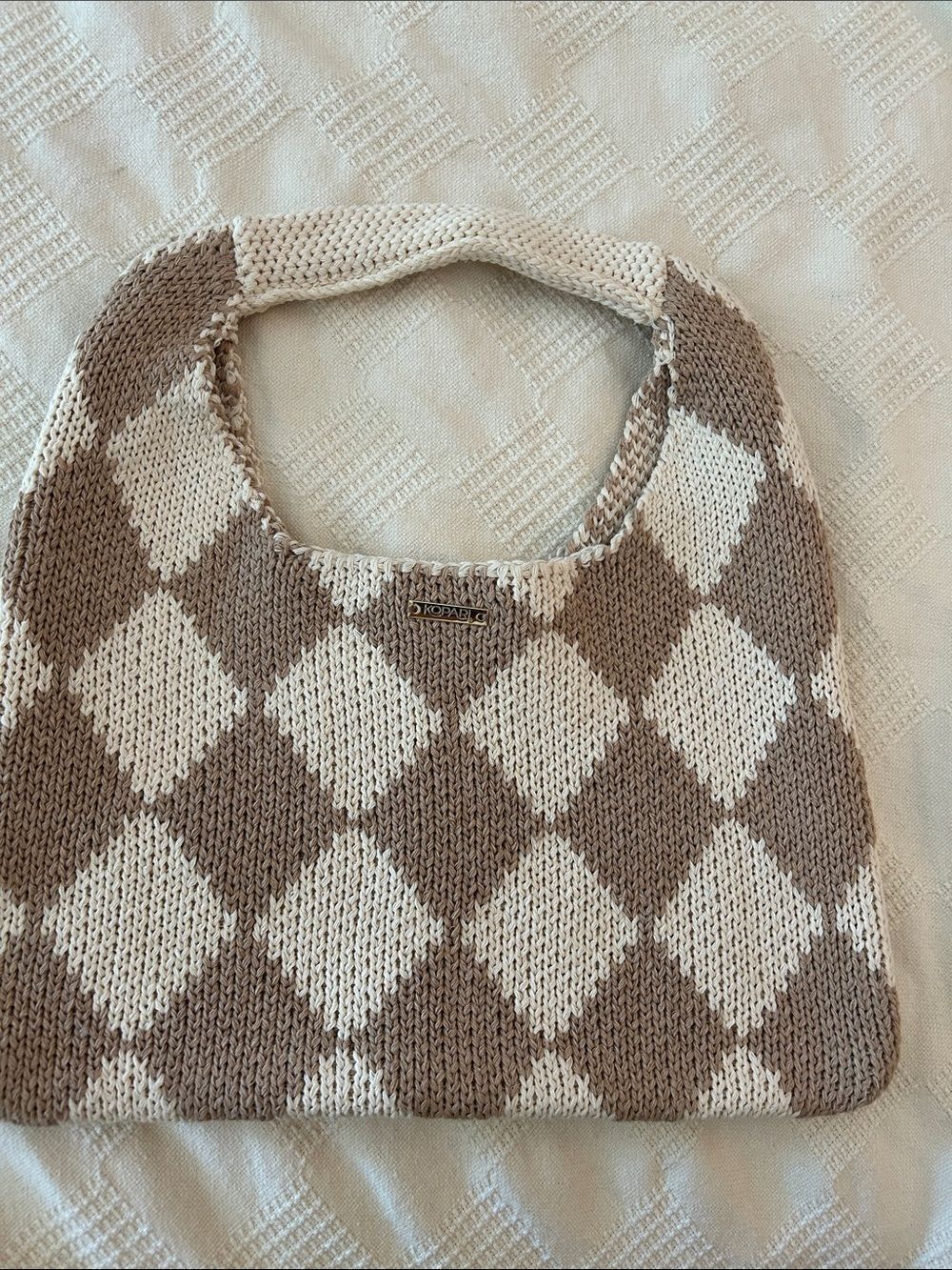 Kopari Cream and Beige Argyle knit bag, Limited edition